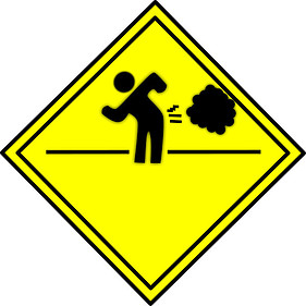 A yellow diamond sign with a man farting. 
