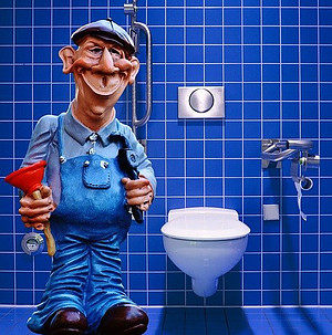 Cartoon plumber unblocking the toilet.