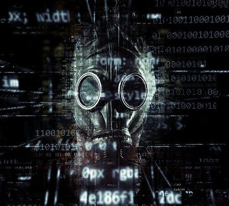 A gas mask super imposed on a dark background with snippets of computer code.