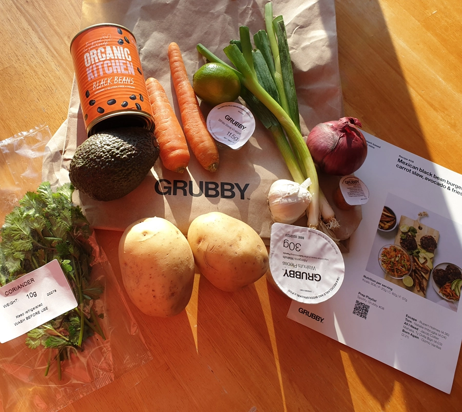 Mexican Black Bean Burgers, Carrot Slaw, Avocado & Fries ingredients. 