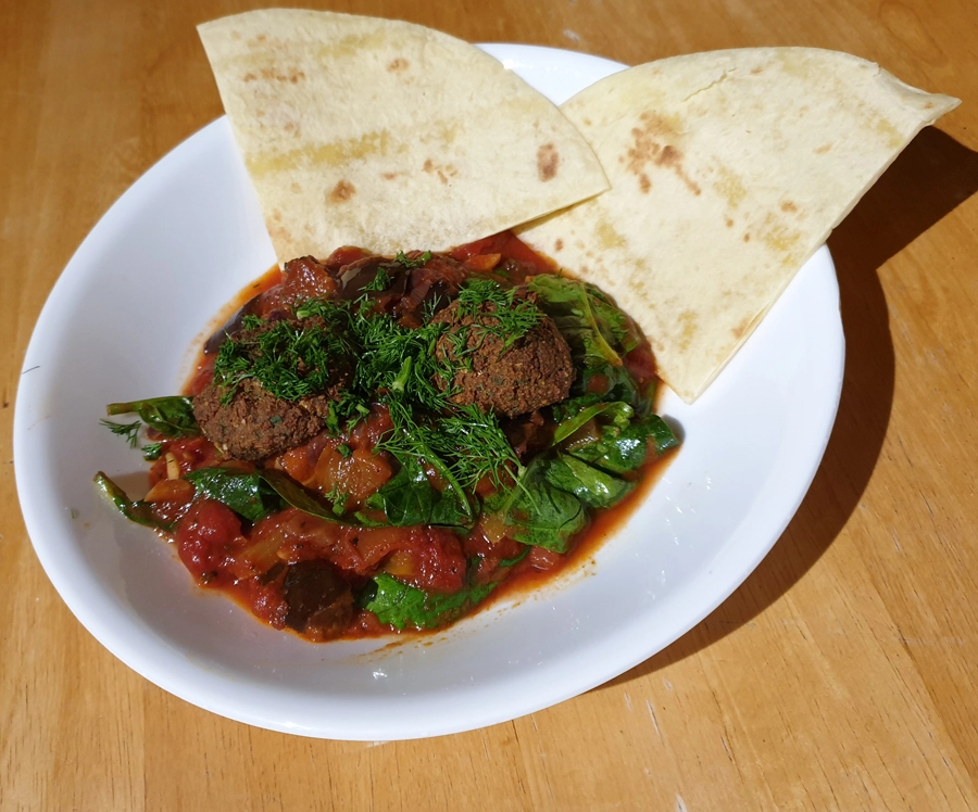 Falafel & Aubergine Shakshuka plated up. 