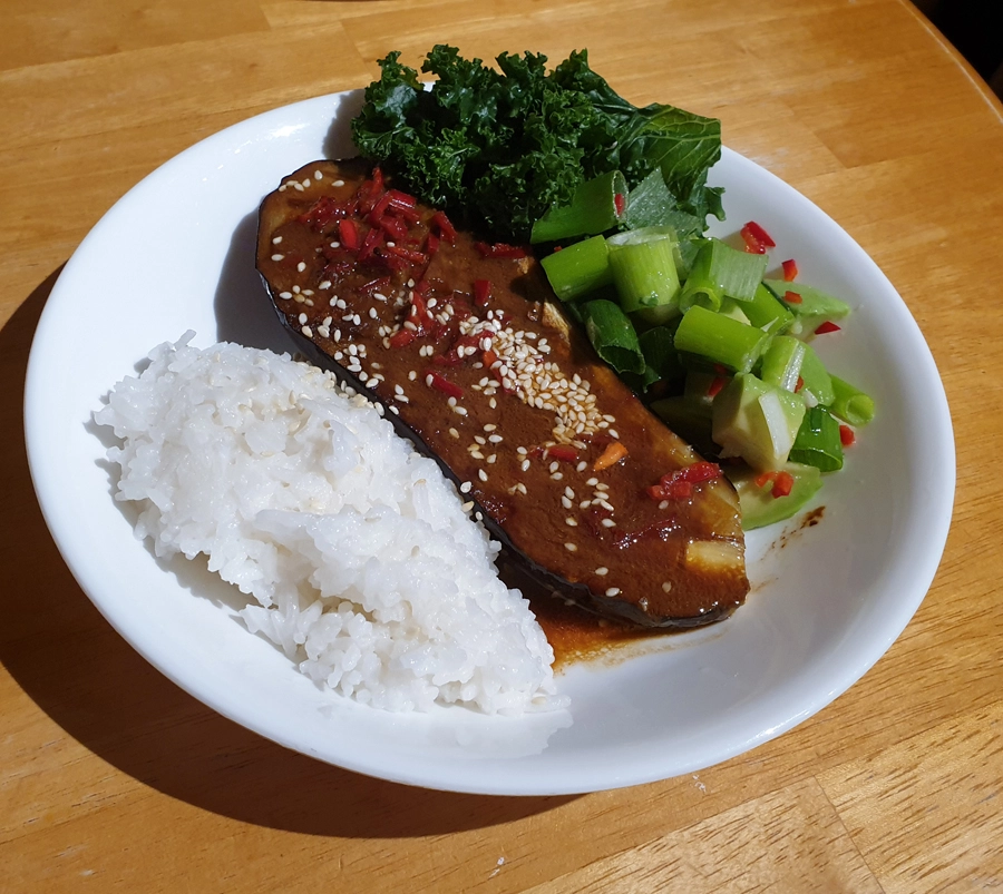 Miso Aubergine, Sticky Coconut Rice, Lime & Chilli Avocado plated up