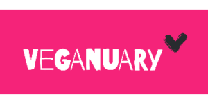 Veganuary logo on pink background.
