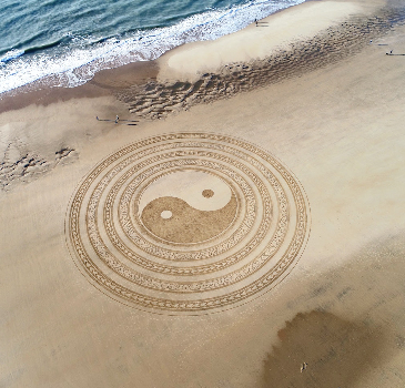 Aerial view of Yin Yang beach artwork. 