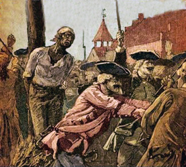 A painting of a scene from New York in 1741 where a black man is burned at the stake, executed for conspiring to burn down the city.