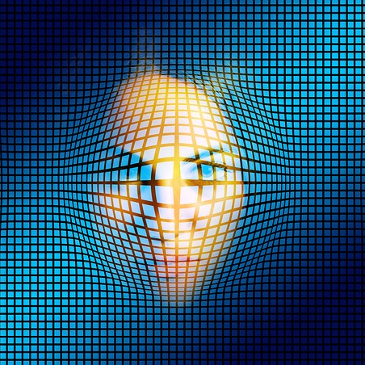A woman's face behind an overlay of a matrix of small blue squares. 