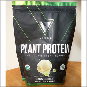 The front of a 24 ounce pouch of Vedge Nutrition plant protein powder.
