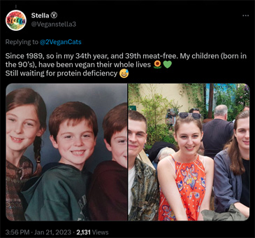 Screenshot from a Twitter account stating: I've been vegan for 34 years and my kids, their whole lives. 