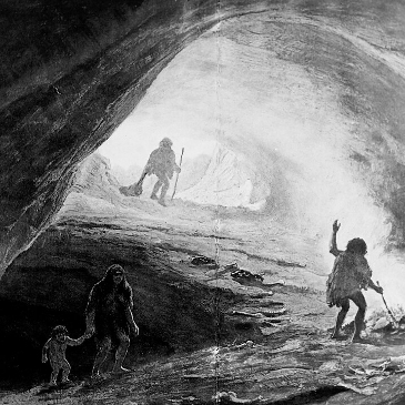 Black and white painting depicting cave dwellers living in our ancestral past.
