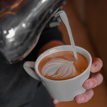 Close up of a barista artfully pouring milk into a cappuccino cup. 