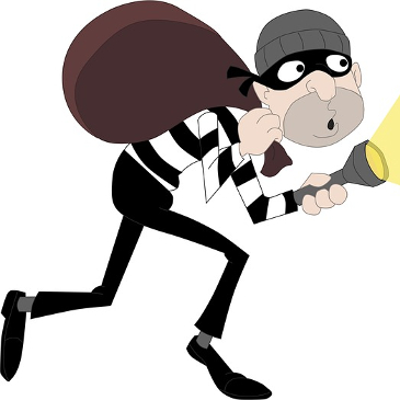Cartoon image of a burglar making off with the swag. 