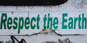 Sticker on the side of a train reading: "Respect the Earth"