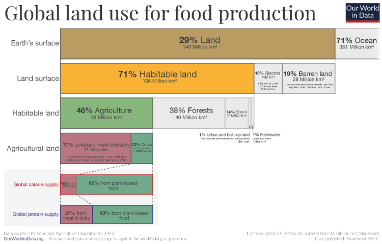 Our World In Data - land used for food production, infographic showing 77% of all agricultural land used to feed or raise animals.